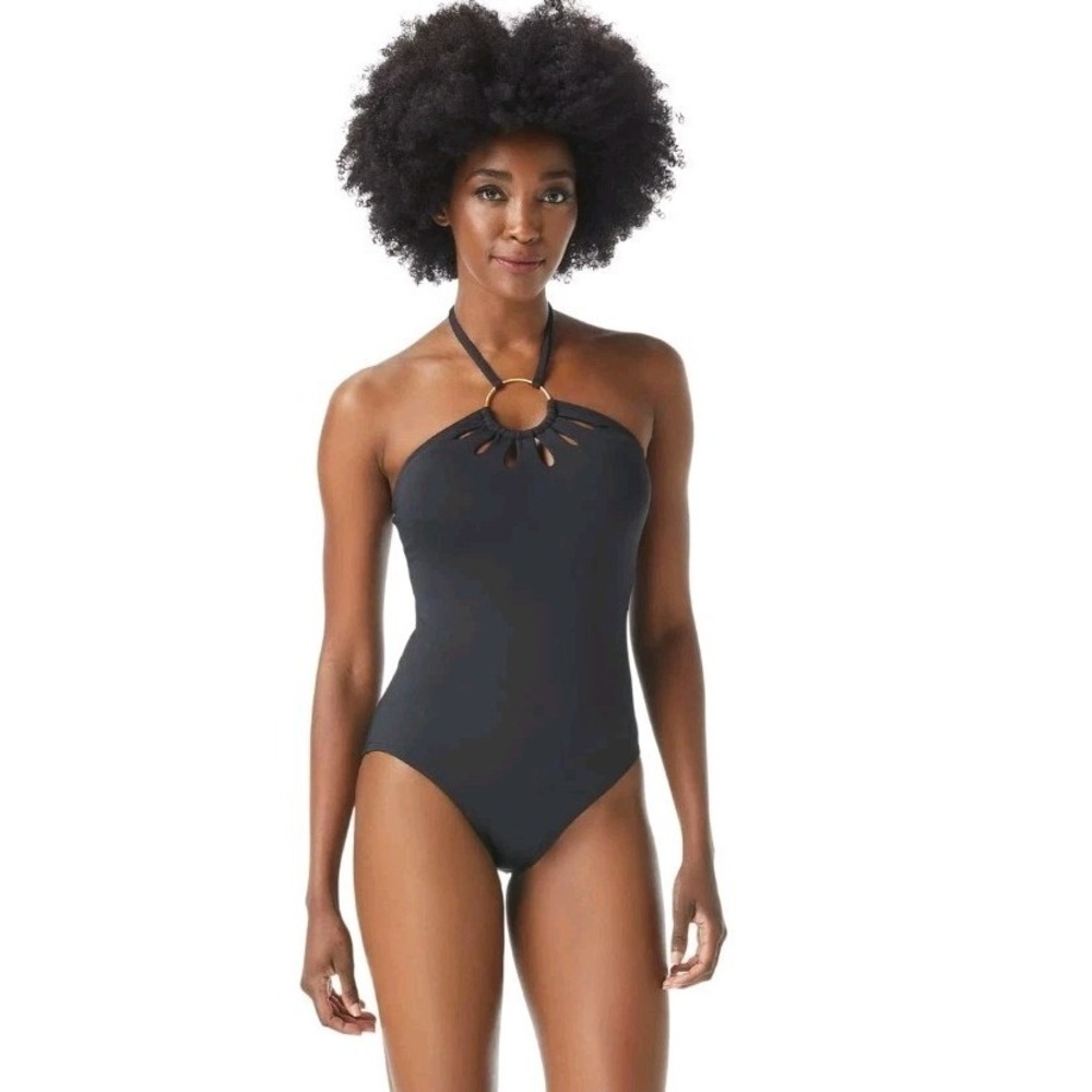 Vince Camuto Serengeti Shades Logo Ring Cutout Halter One-Piece In Black Size 6